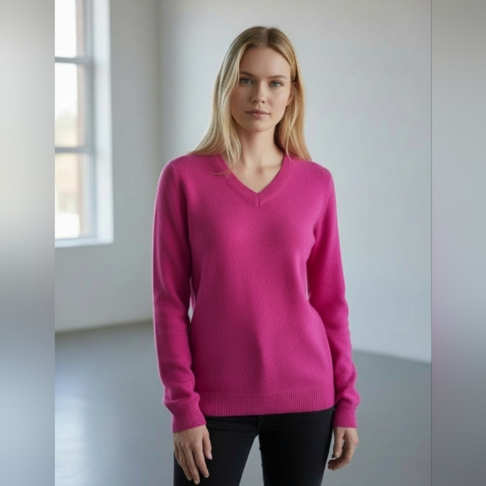 Kokun Women's Cashmere V-Neck Pink Magenta Purple Sweater Small